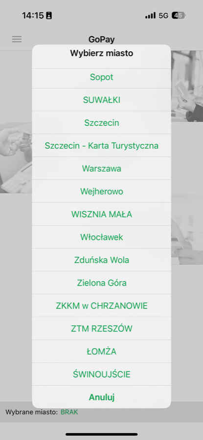 Wybór miasta w aplikacji