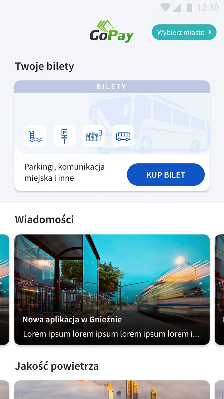 Ekran główny: bilety, wiadomości, jakość powietrza, wywóz odpadów, miejsca i wydarzenia